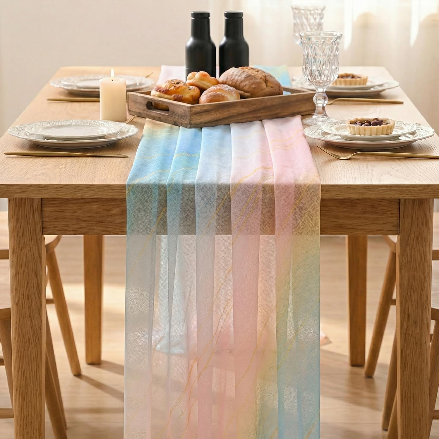 Artoid Mode Boho Gradient Pink Blue Stripes Spring Chiffon Table Runner 120 Inches 10FT,Seasonal Fabric Kitchen Dining Holiday Table Decor for Home Party