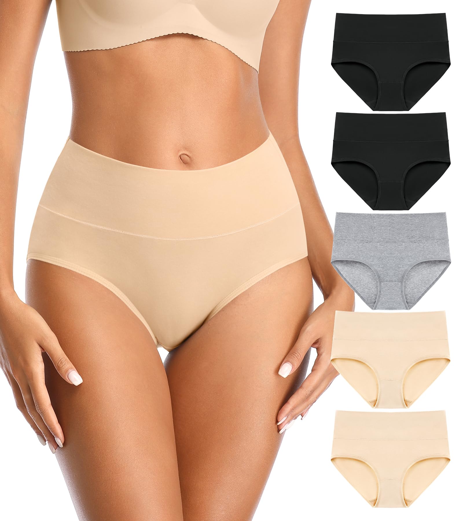 ASIMOON Womens Cotton Underwear High Waisted Briefs Soft Breathable Ladies Postpartum Panties Multipack