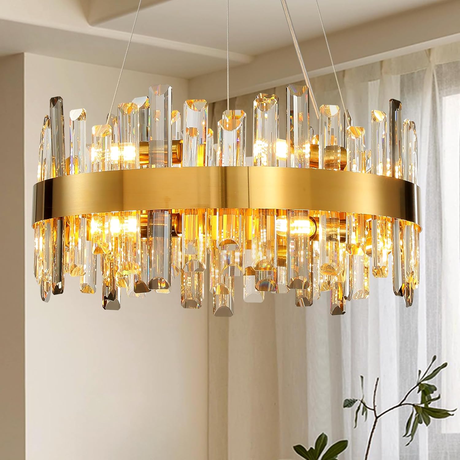Modern Crystal Chandelier, Luxury Round 2 Tiers K9 Crystal Chandelier for Living Room, 12-Light Gold Flush Mount Ceiling Light Fixture for Dining Room Kitchen Foyer Bedroom D19.7''