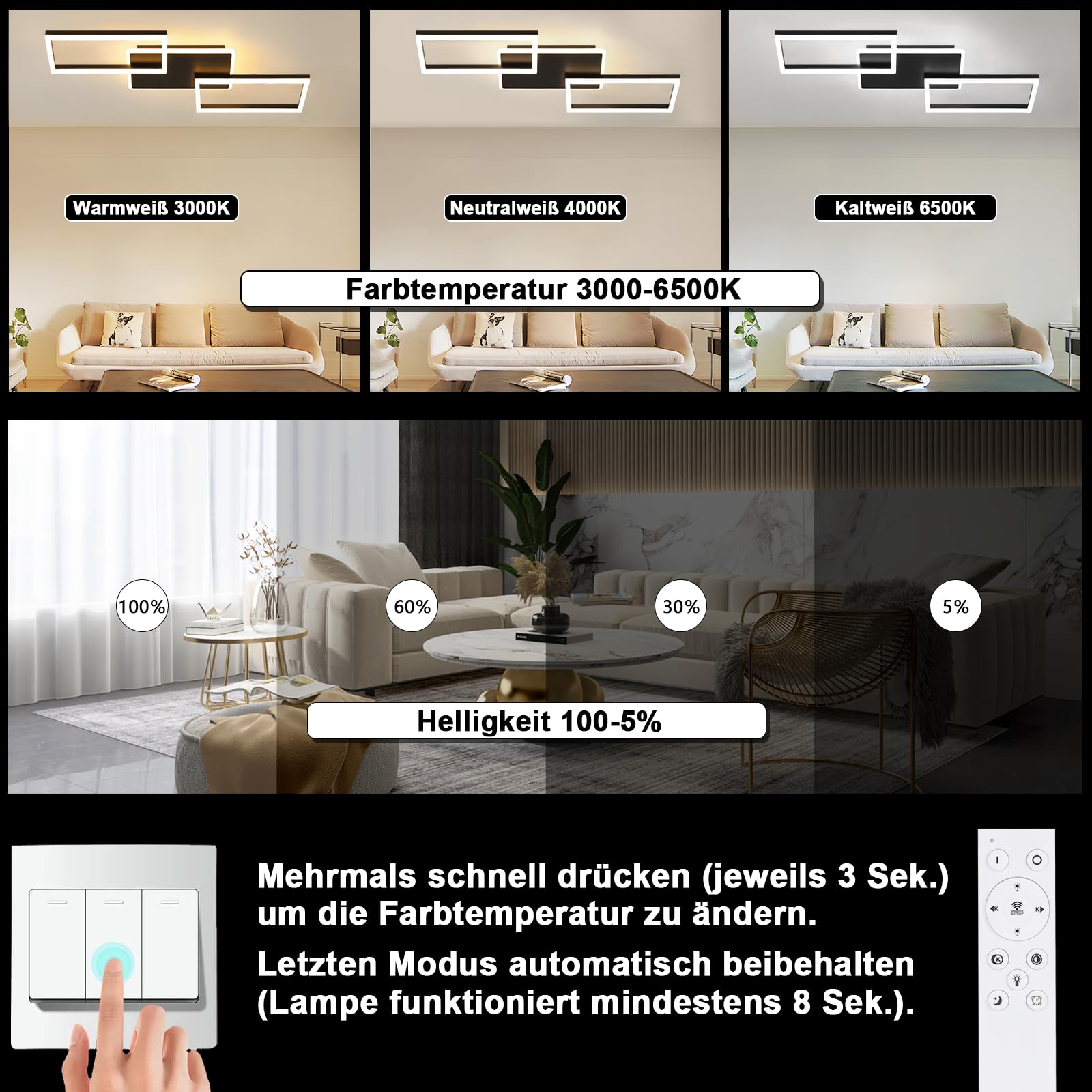 ZMH Lámpara LED para techo de salón - Lámpara grande negra para salón regulable con mando a distancia 63 W lámpara moderna para dormitorio lámpara metálica para cocina 80 cm para comedor, oficina