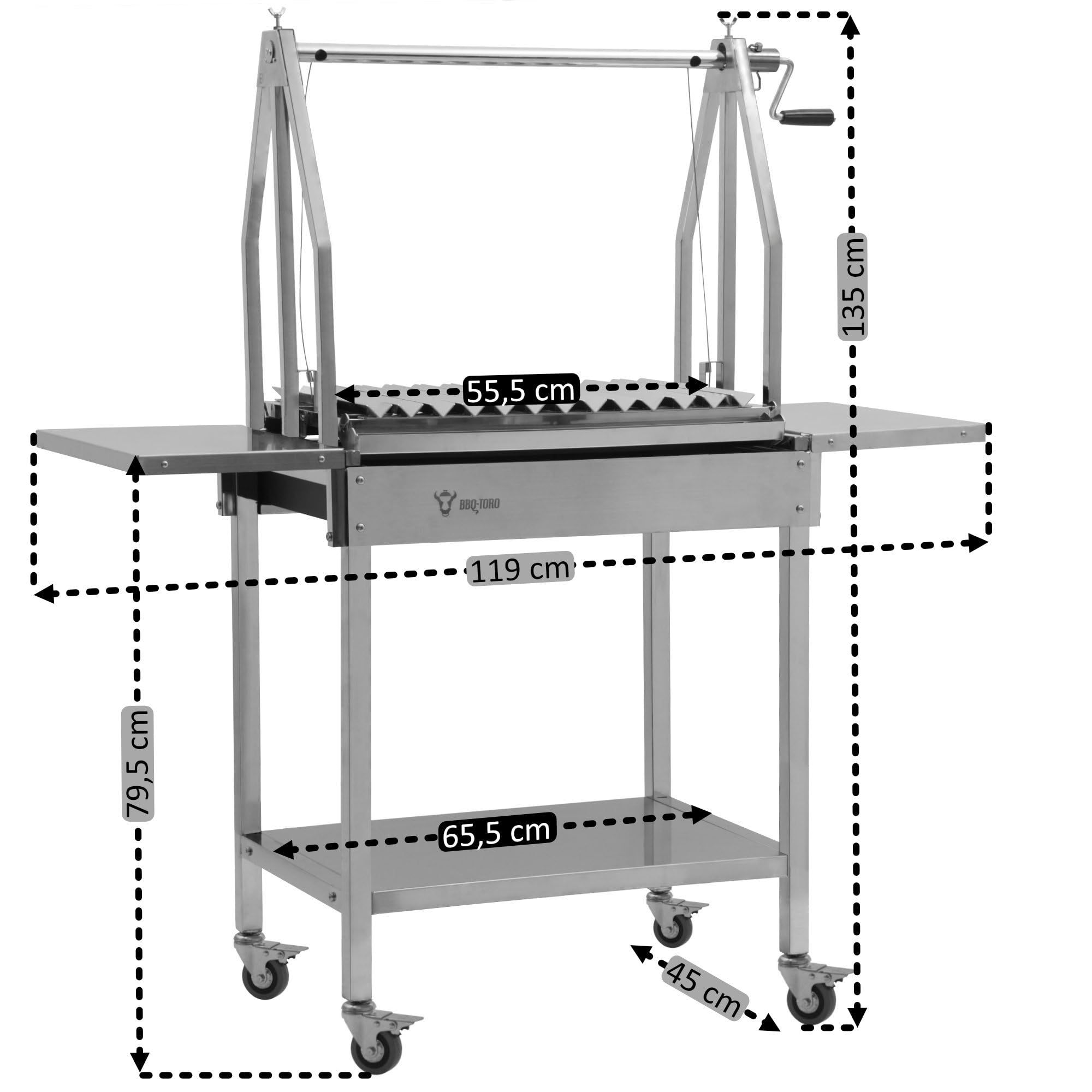 BBQ-Toro Barbecue a carbonella argentina con ripiani laterali, in acciaio inox, 119 x 45 x 135 cm