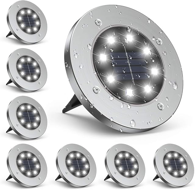 infray Solar Ground Lights for Outdoor, Solar Disk Lights Garden Lights IP65 Waterproof LED Solar Lights 6000K Cold White Landscape Lighting for Garden Yard Lawn Patio Pathway (8 Pack)