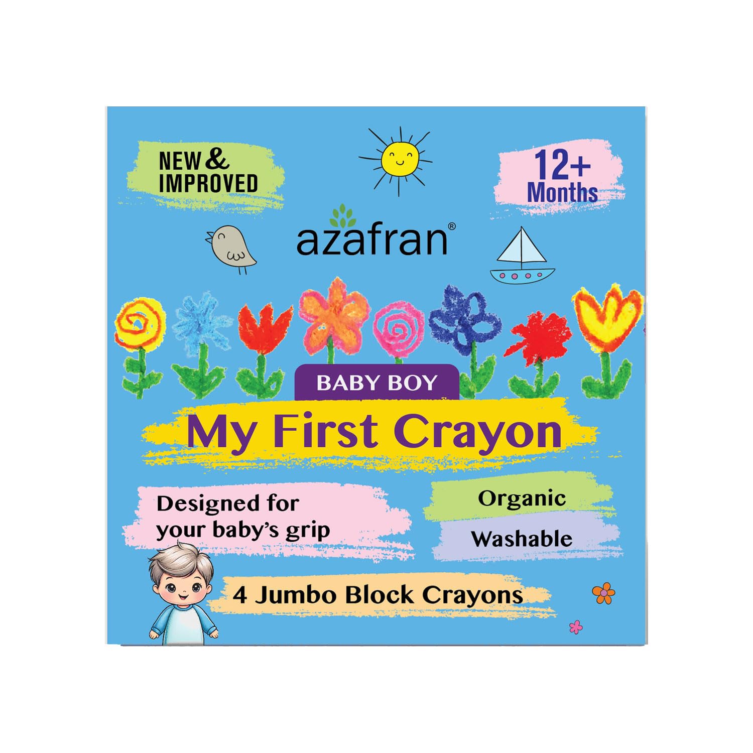 Azafran My First Crayon for Baby Boy, 4 Jumbo Block Crayons, Organic, Washable, Non-Toxic, Easy Grip for Tiny Hands-picture-15
