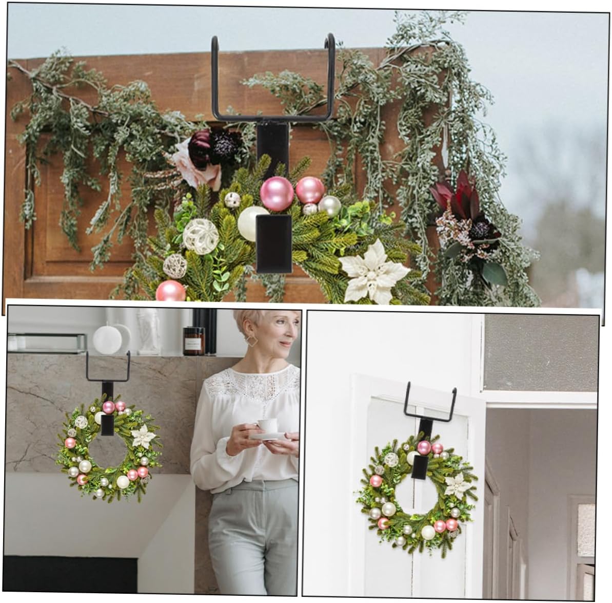 Uonlytech 4pcs Black Cast Iron Door Wreath Hooks Double Hook Over-the-Door Hanger for Front Door Exterior Christmas Garland Hanging