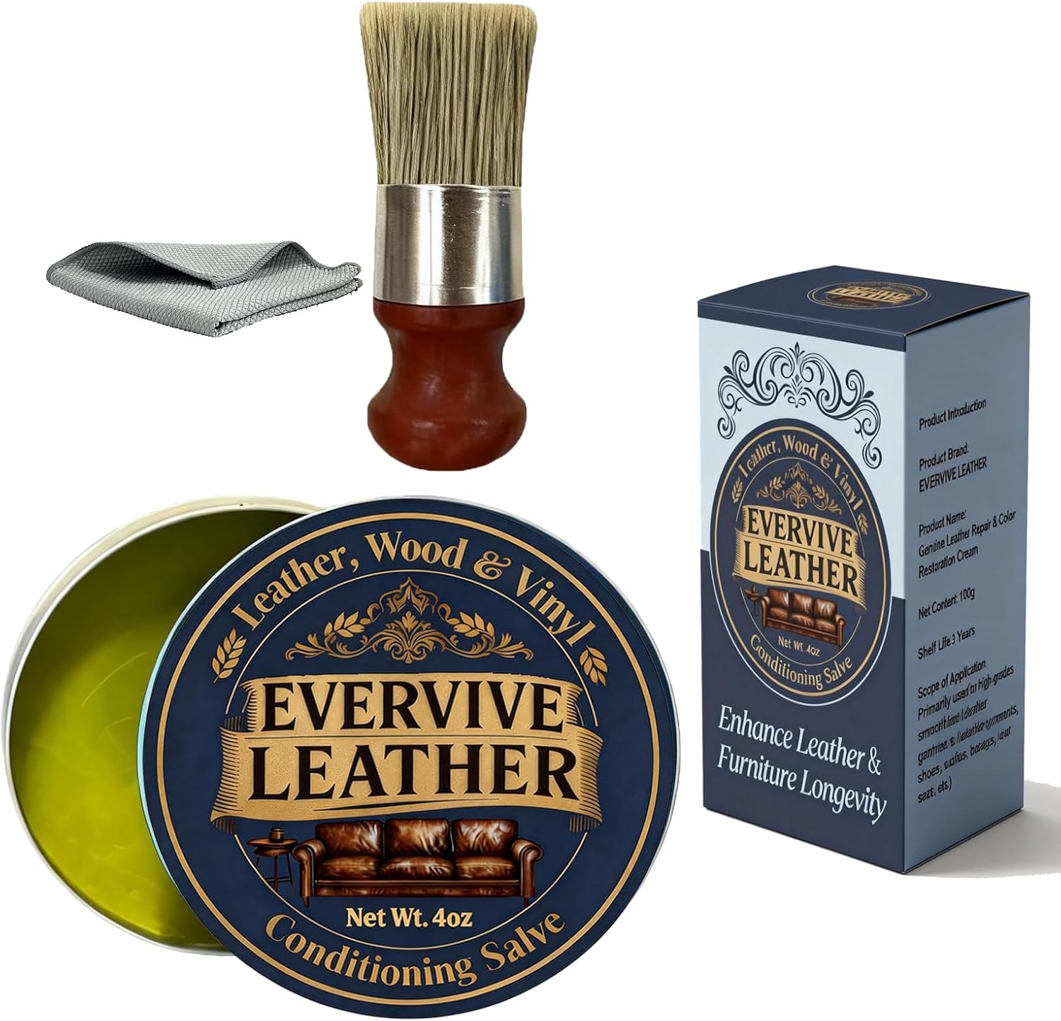 Leather & Wood Restoring Salve - 4oz Furniture Polish & Conditioner with Applicator Brush & Microfiber Towel, for Leather Couches, Car Seats, Wood Tables & Vinyl