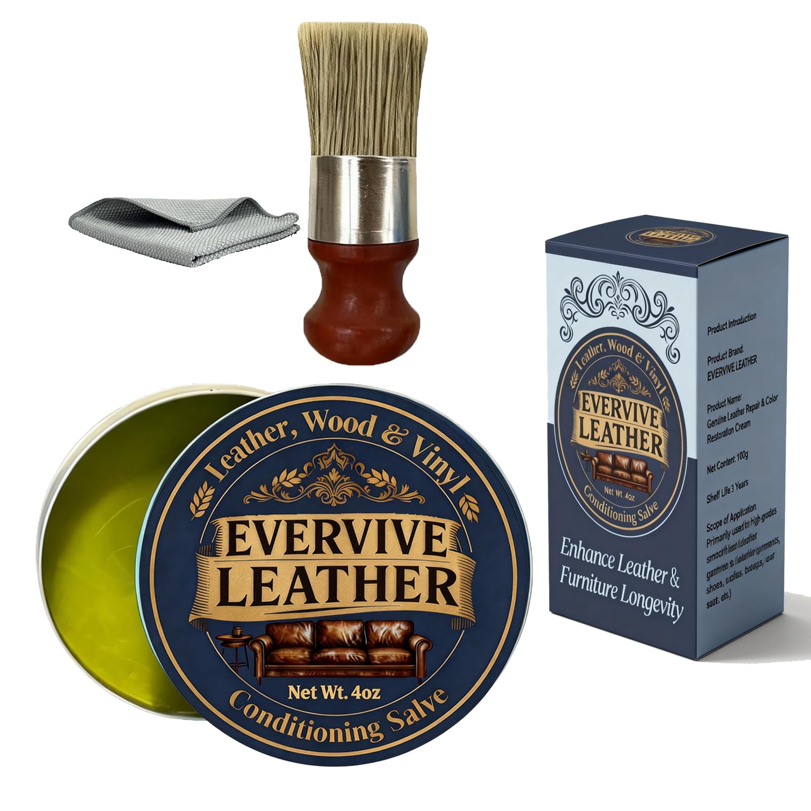 Leather & Wood Restoring Salve - 4oz Furniture Polish & Conditioner with Applicator Brush & Microfiber Towel, for Leather Couches, Car Seats, Wood