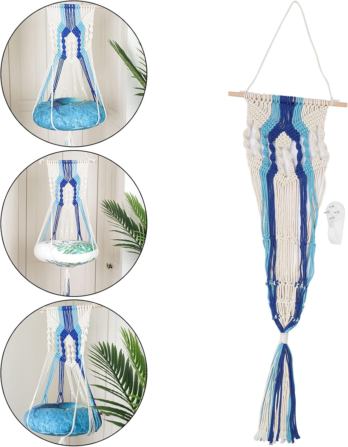 Pet Hanging Basket, Model C 4 Handwoven Cotton Rope Hammock with Horizontal Rod, Cat and Mini Pig Swing Bed