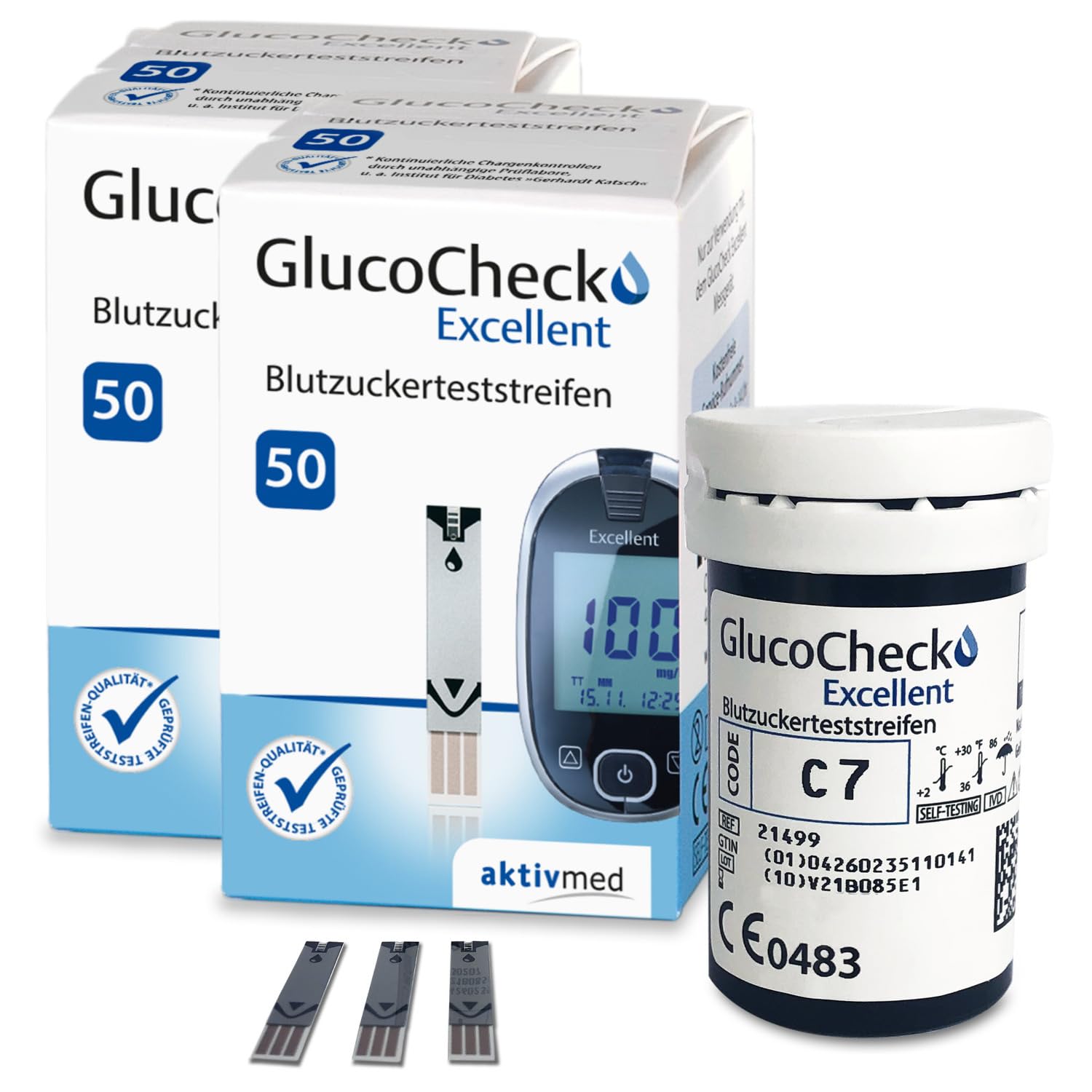 GlucoCheck Excellent - 100 Blutzuckerteststreifen zur Kontrolle des Blutzucker-Wertes - Anwendbar mit dem GlucoCheck Excellent Blutzuckermessgerät