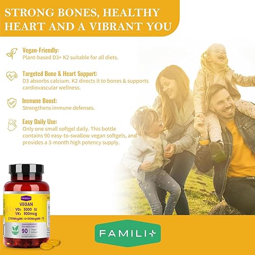 Miniatura 9 de FAMILI+ Vitamina D3 de alta potencia 5000IU +K2 900Mcg Cápsulas blandas veganas con aceite de coco MCT  5000IU fuente vegetal Vitamina D3 + 750Mcg