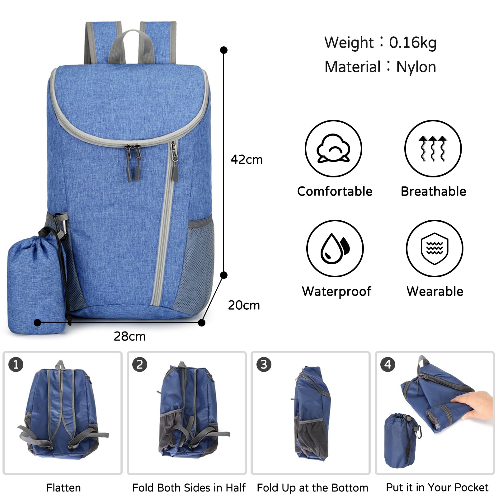 Zaino da Trekking Zaino Pieghevole Impermeabile Ultraleggero Zaino Hiking Backpack per Donna Uomo Campeggio Ciclismo Arrampicata Sport Blu Chiaro
