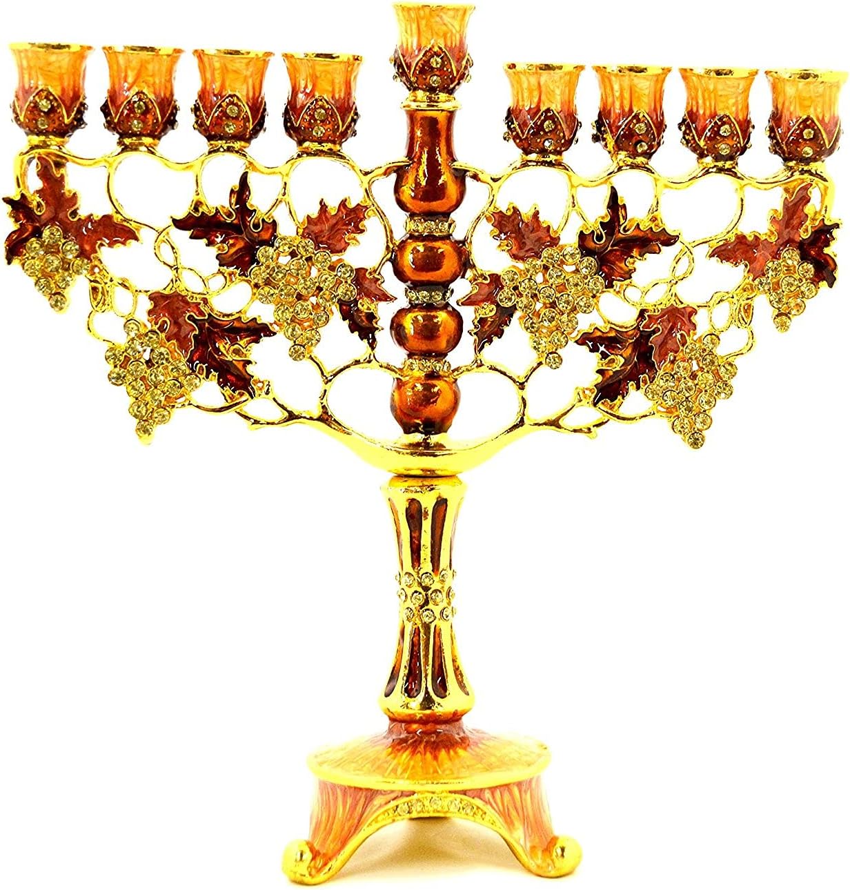 Floral Menorah with Hand Set Austrian Crystals Hand Painted Enamel On Pewter (Rust)