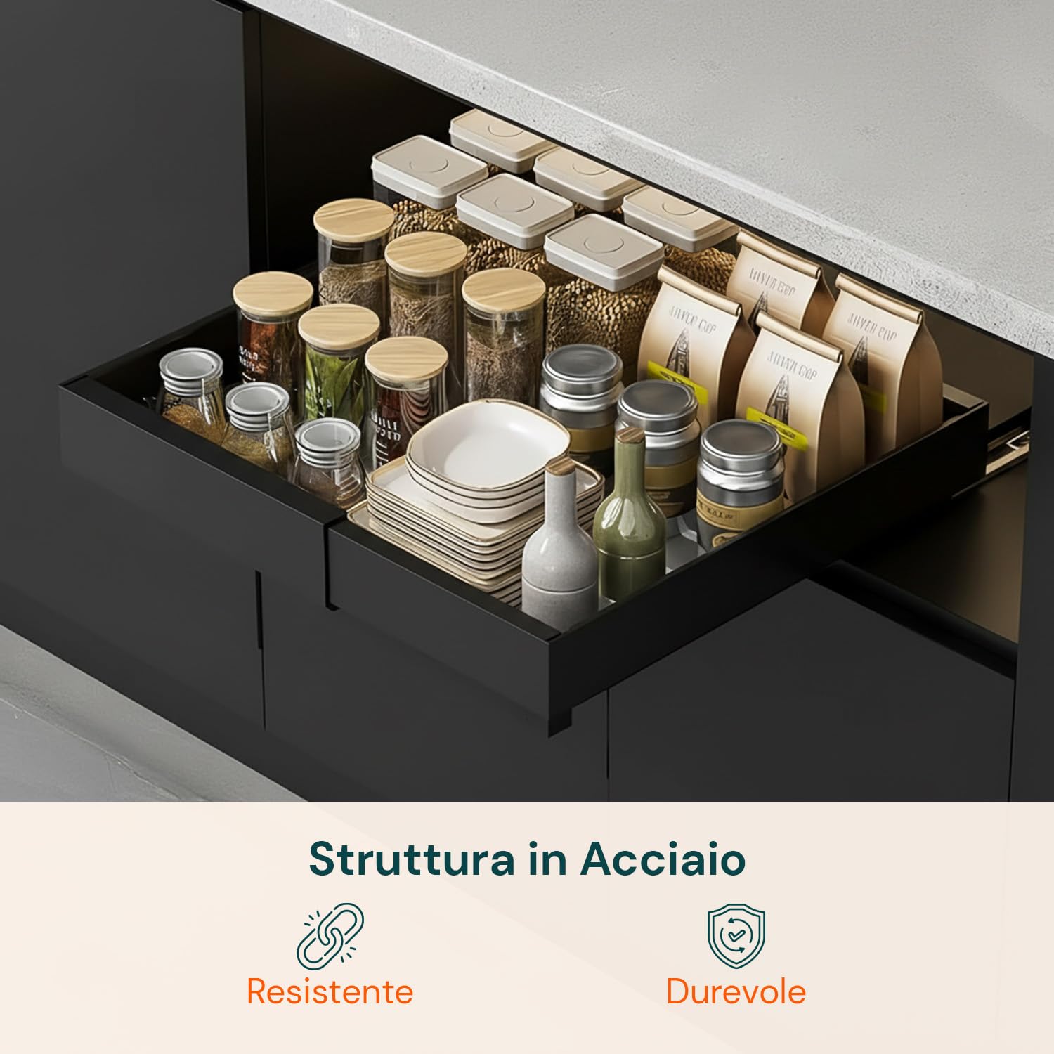 Avilia - Cassetto Universale Estraibile e Espandibile in Acciaio con Binario – Organizer per Mobili, Cucine e Dispense – Montaggio Adesivo - Ripiano Salvaspazio (Nero, 30-50x43,5x7 cm)