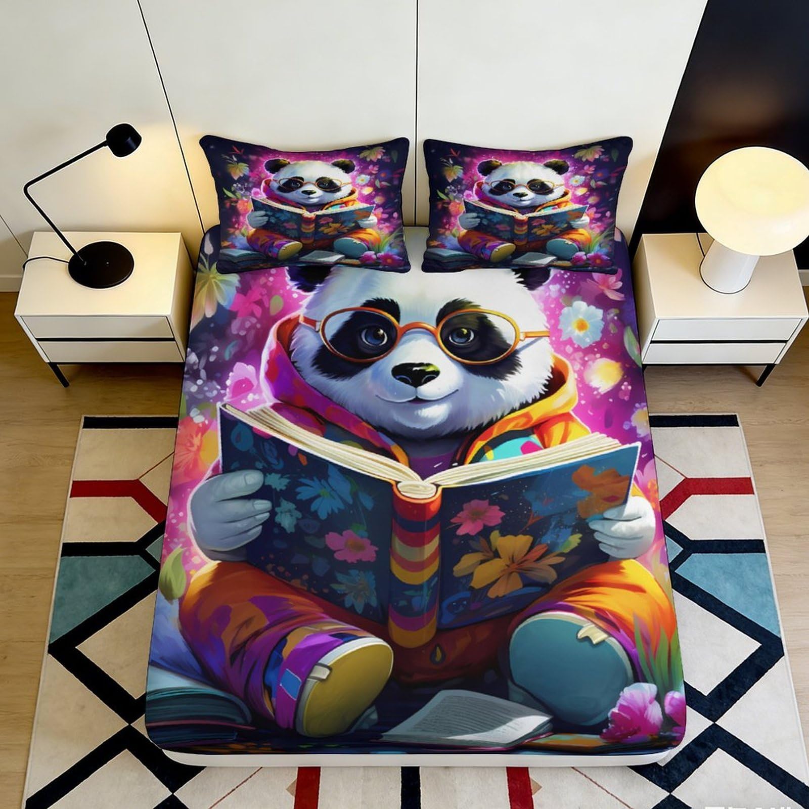 3D Printed Reading Panda Fitted Sheet Microfiber Soft Colorful Cartoon Bed Sheet for Bedroom Guest Room Decor 90x200x25cm
