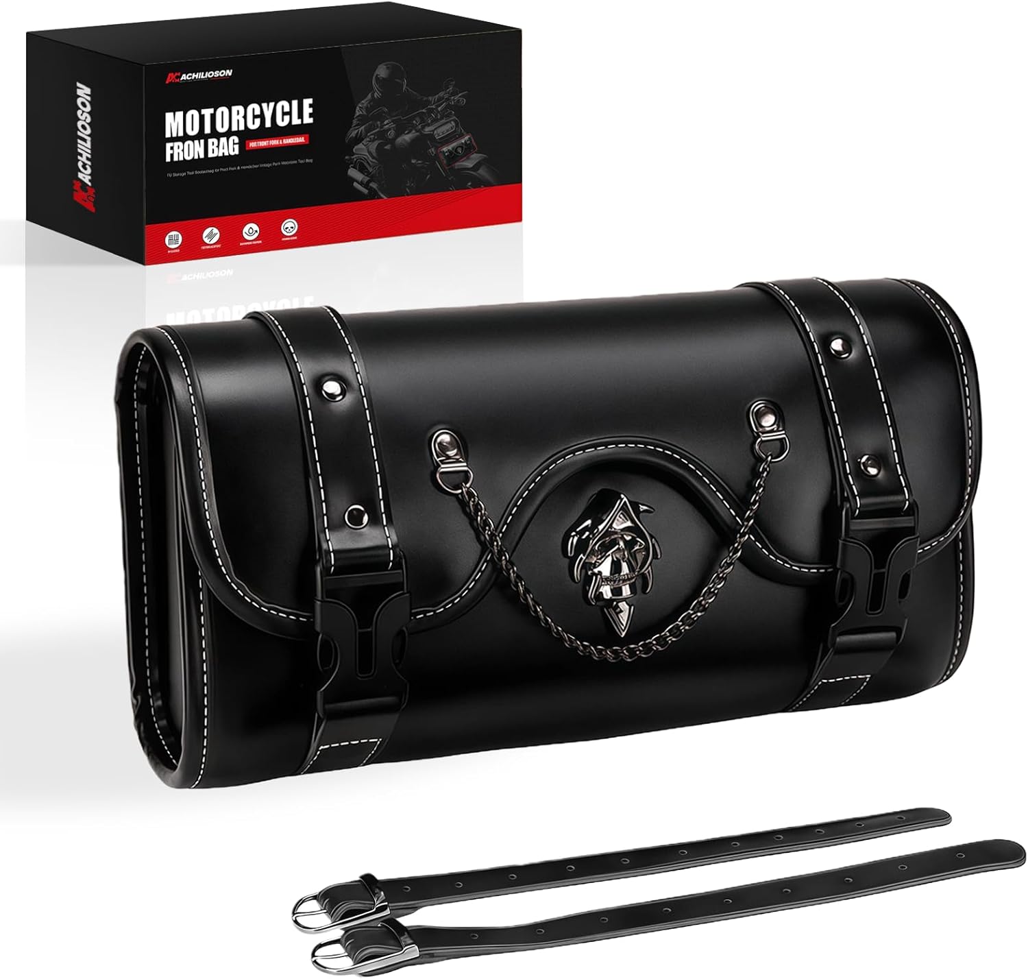 Motorcycle Tool Bag, Black PU Leather with Skull Design, Universal Waterproof Saddlebag for Front Fork & Handlebar.