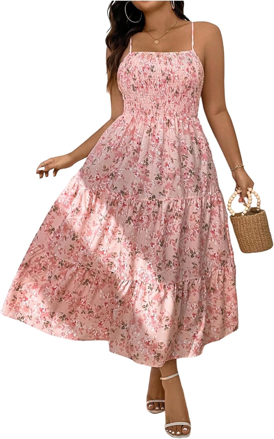 Verdusa Women's Plus Size Floral Summer Sundress Shirred Sleeveless Long Flowy Dress