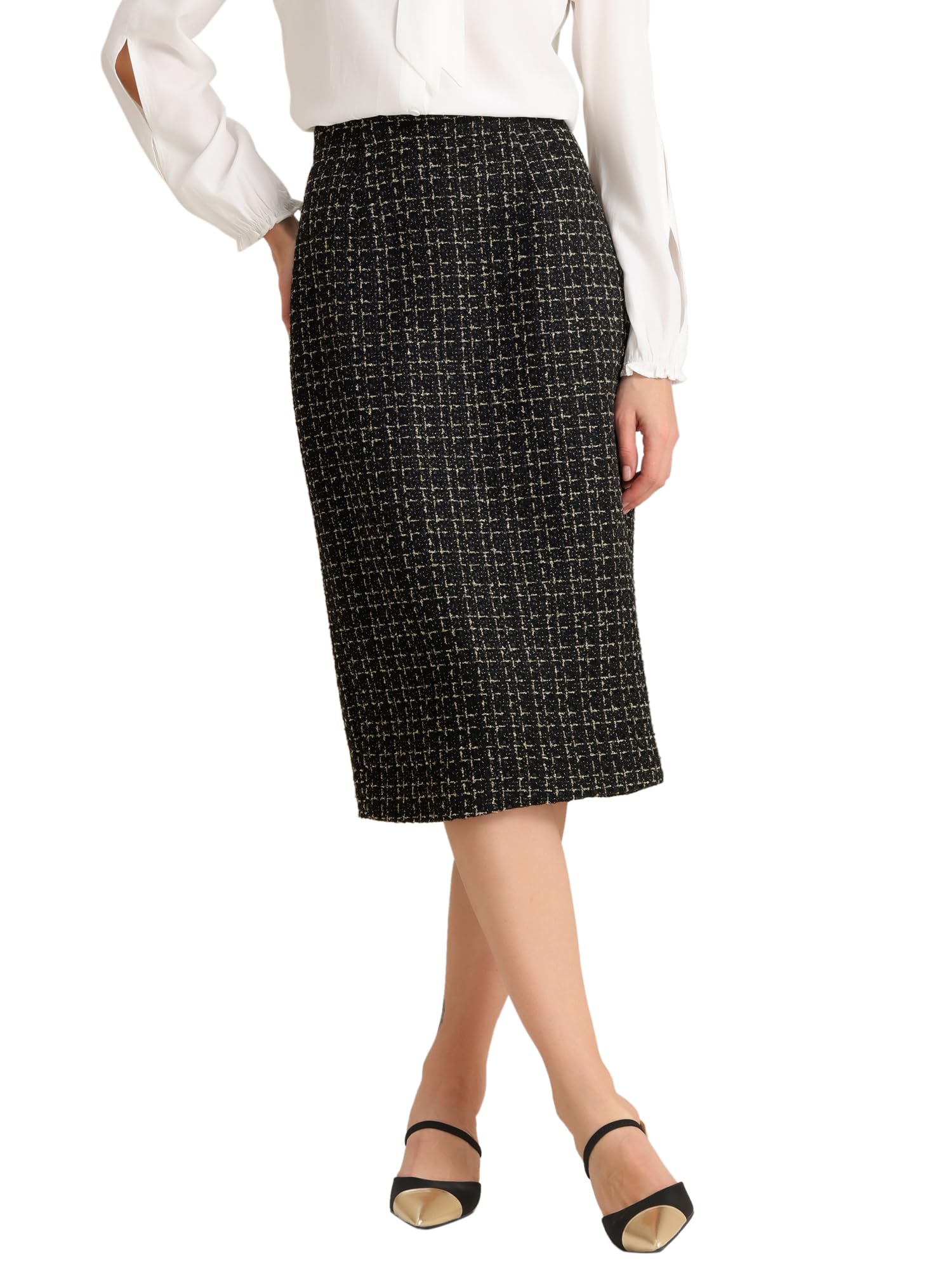 Allegra K Jupe crayon moulante à carreaux en tweed taille haute pour femme
