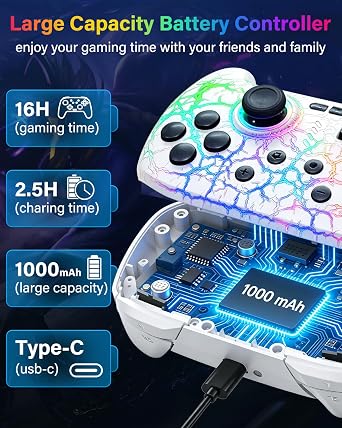 Switch Controller Compatible with Switch/Switch Lite/OLED/PC, Programmable Wireless Switch Controller with 10 LED Light, 6-Axis Motion, Turbo, Vibration, One-Key Wake Up & Pairing, 1000mAh Battery, White