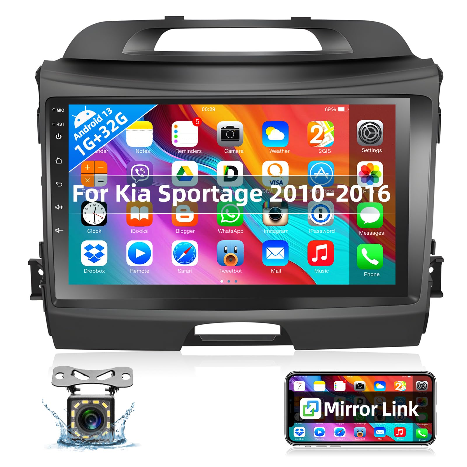 Car Stereo Radio for Kia Sportage 2010 2011 2012 2013 2014 2015 2016, 9 Inch Touchscreen Android Stereo in-Dash Head Unit with GPS Navigation, WiFi, Mirror Link,FM/RDS, Bluetooth + Backup Camera
