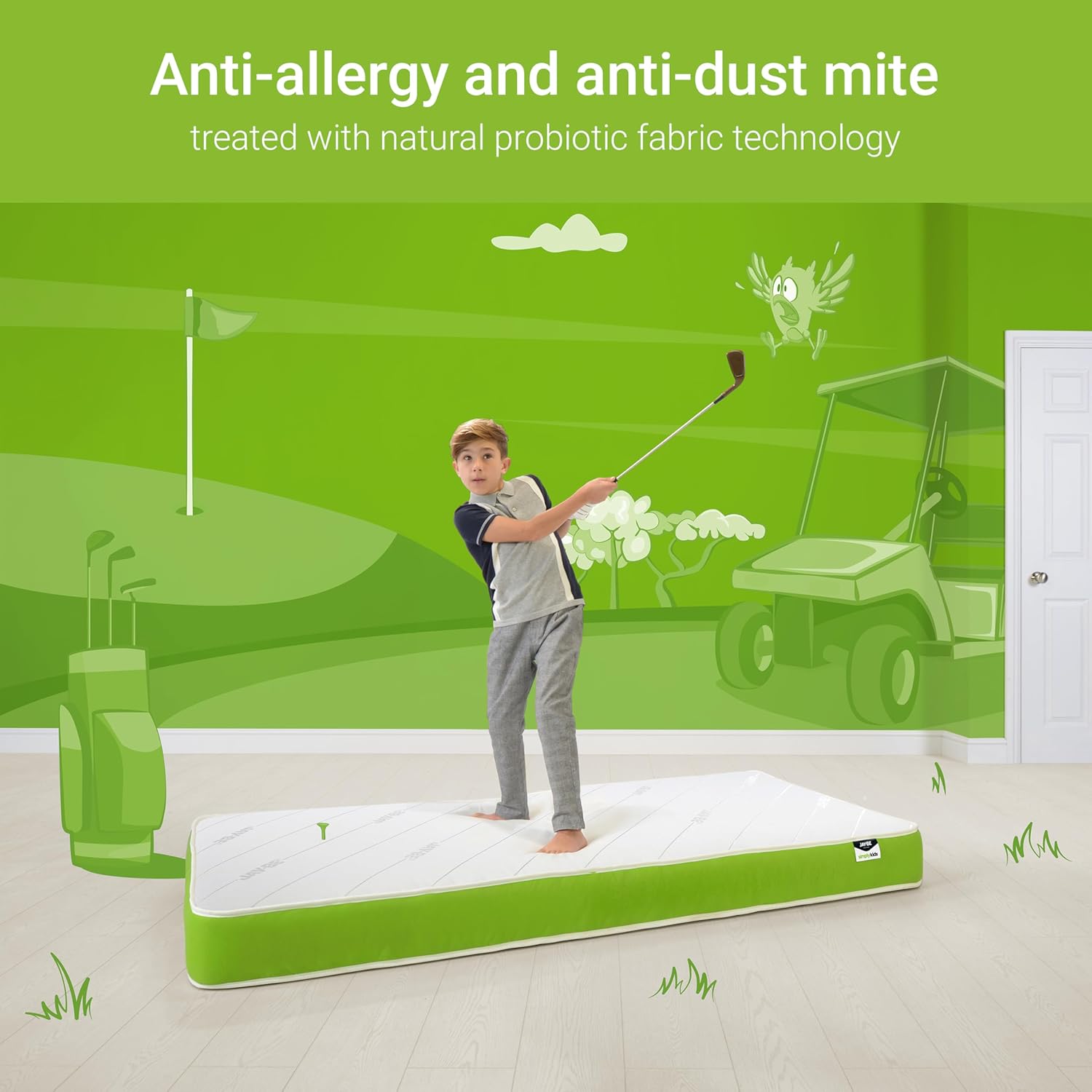 JAY-BE Simply Kids Anti-Allergy Foam Free Sprung Mattress, 3ft, Steel Spring with Hypoallergenic Airflow Fibre, White/Green, Single (90 x 190 x18cm) image 4