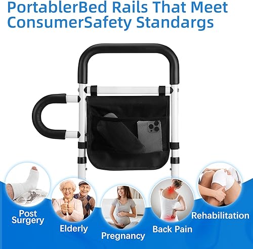 Miniatura 2 de Rieles de cama para adultos mayores, barandilla de cama ajustable, asa de cama para barra de apoyo con bolsa de almacenamiento, rieles laterales de