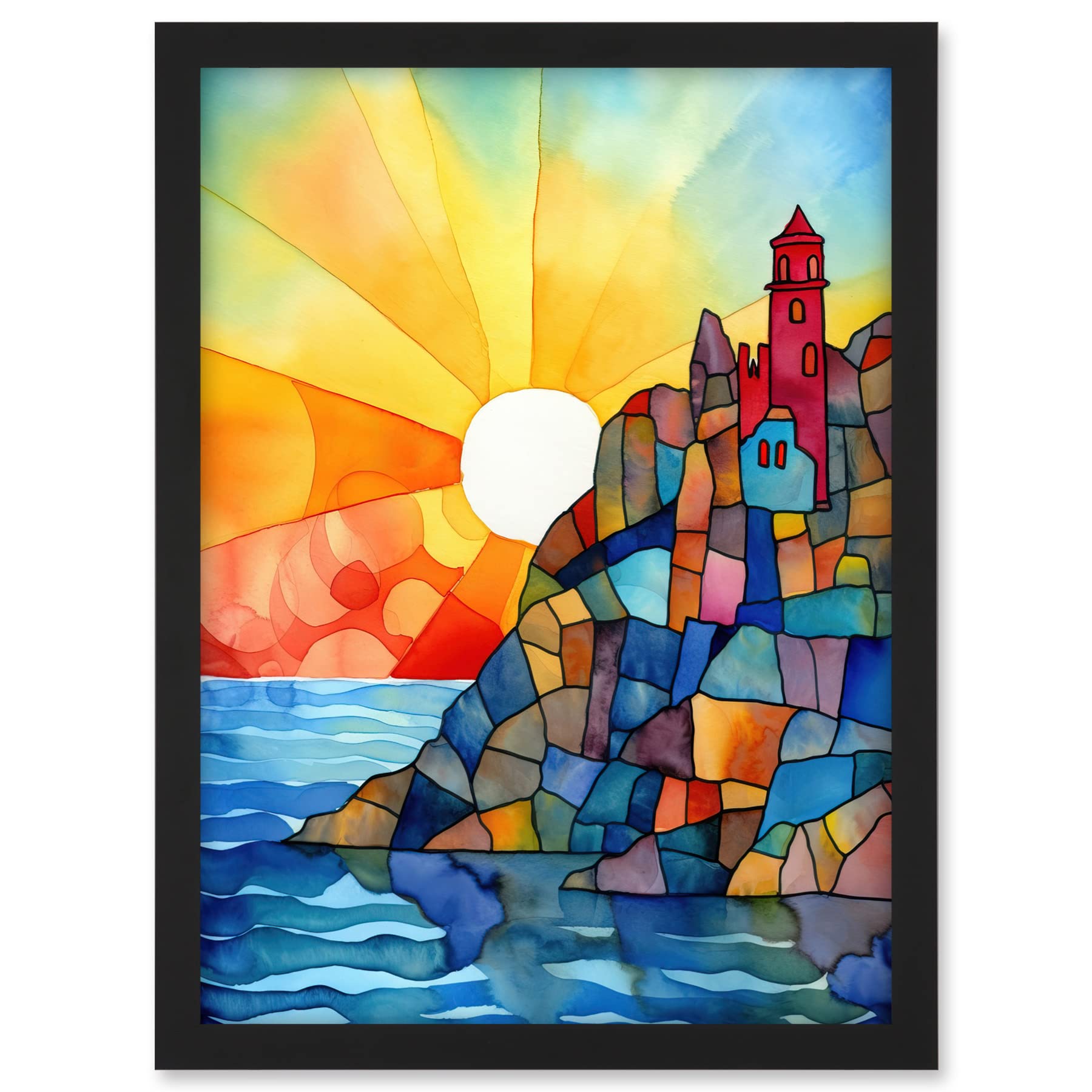 Artery8 Sunset Coastal Cliffs Lighthouse Folk Art Artwork Framed A3 Wall Art Print