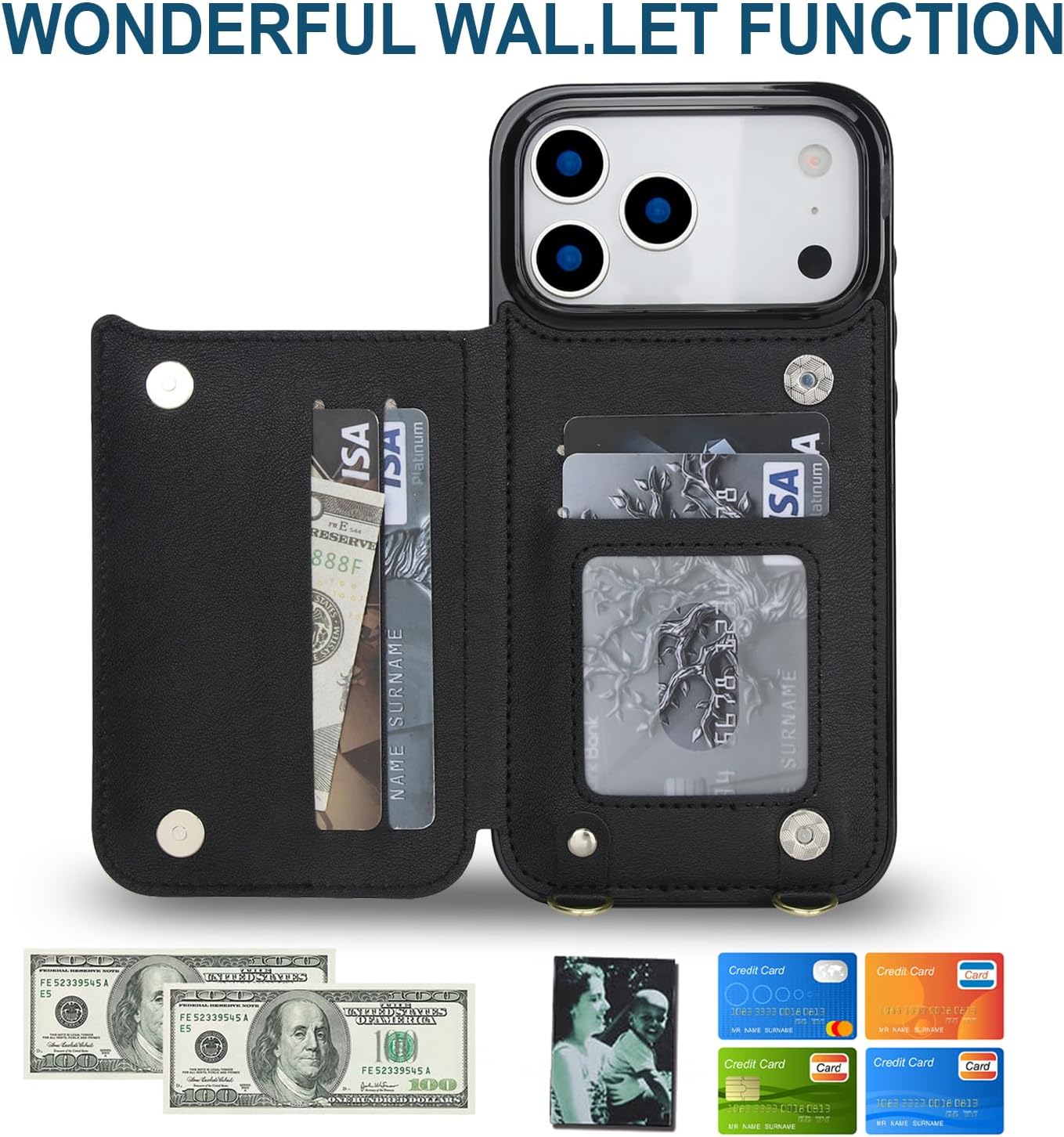 Wallet Case Compatible with iPhone 17 Pro Max, RFID Blocking Card Holder Magnetic Flip Folio Purse, Shockproof Leather Cover with Crossbody Strap Case for iPhone 17 Pro Max 6.9'' 2025 Black - Image 3