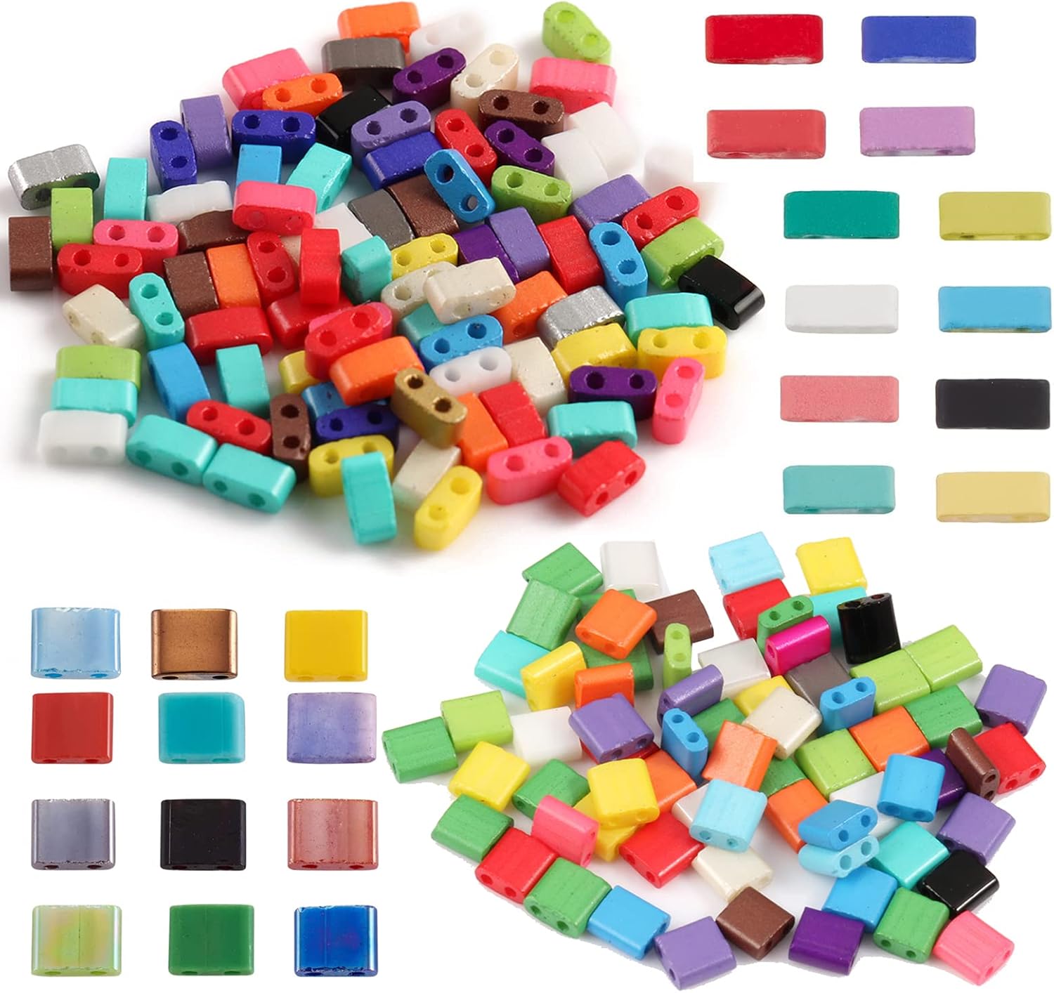 Mollensiuer 200Pcs 2 Hole Glass Square Beads, 2 Sizes, 100pcs Flat Square & 100pcs Rectangular, Multi-Strand Jewelry Bracelet DIY Craft Making