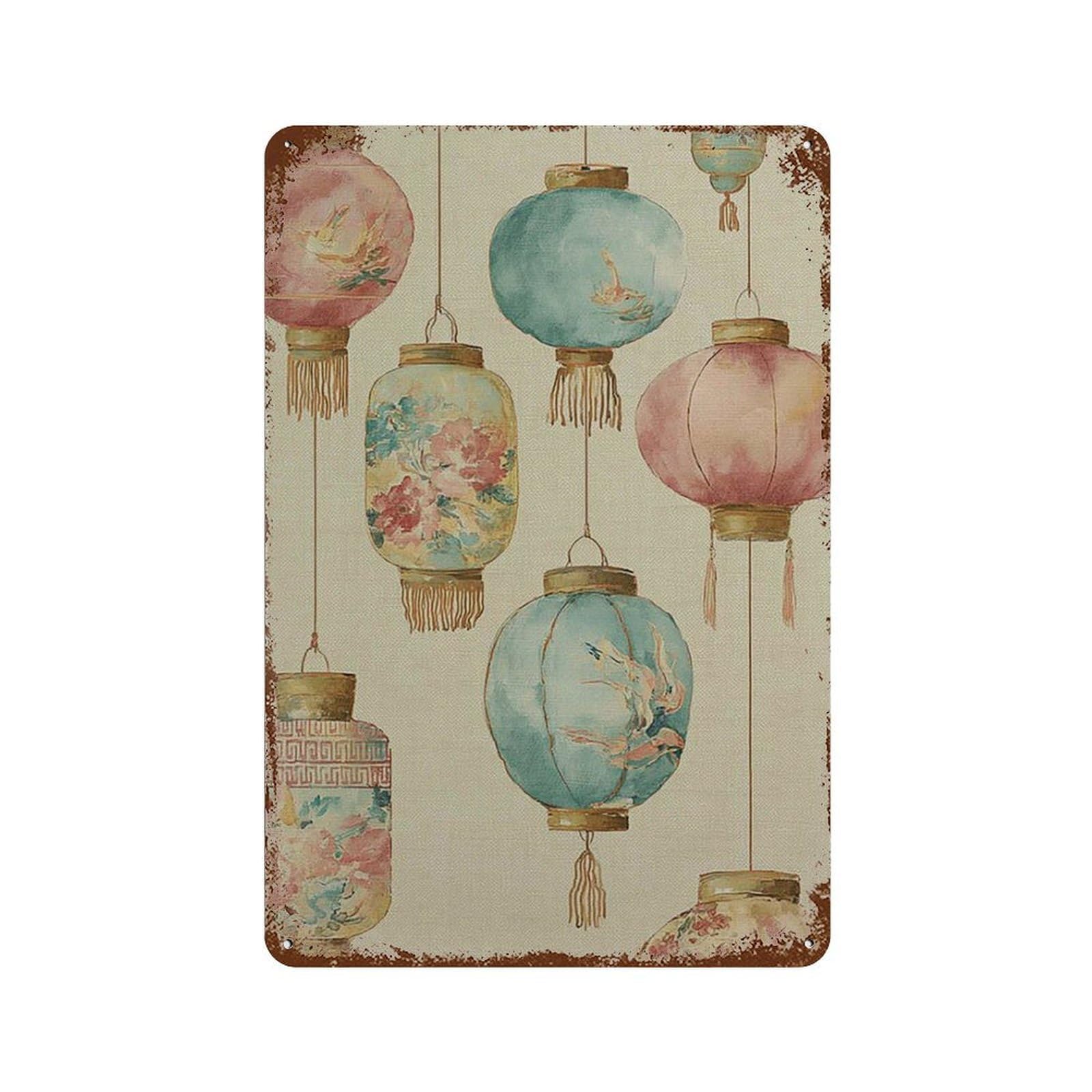 xiaoxiaoshen Chinese Lantern Asian Boho Oriental Colorful Festival Work Wall Decor Art Metal Tin Poster Modern Home Decor Art Home Bar Shop Decorations Vintage Sign 30x20cm