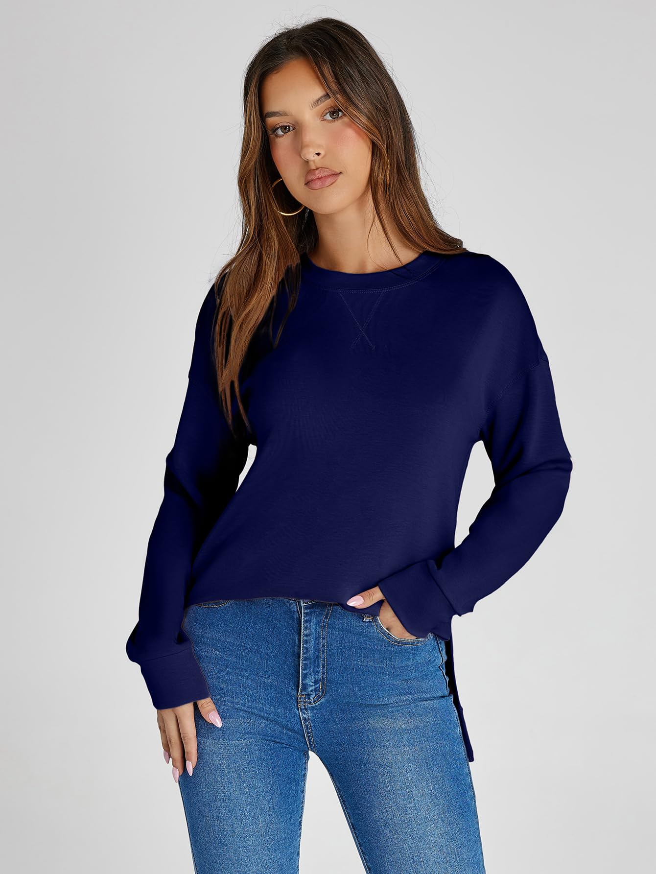 Glamaker Sweat-shirt à manches longues et col rond pour femme Air Essentials doux et ample