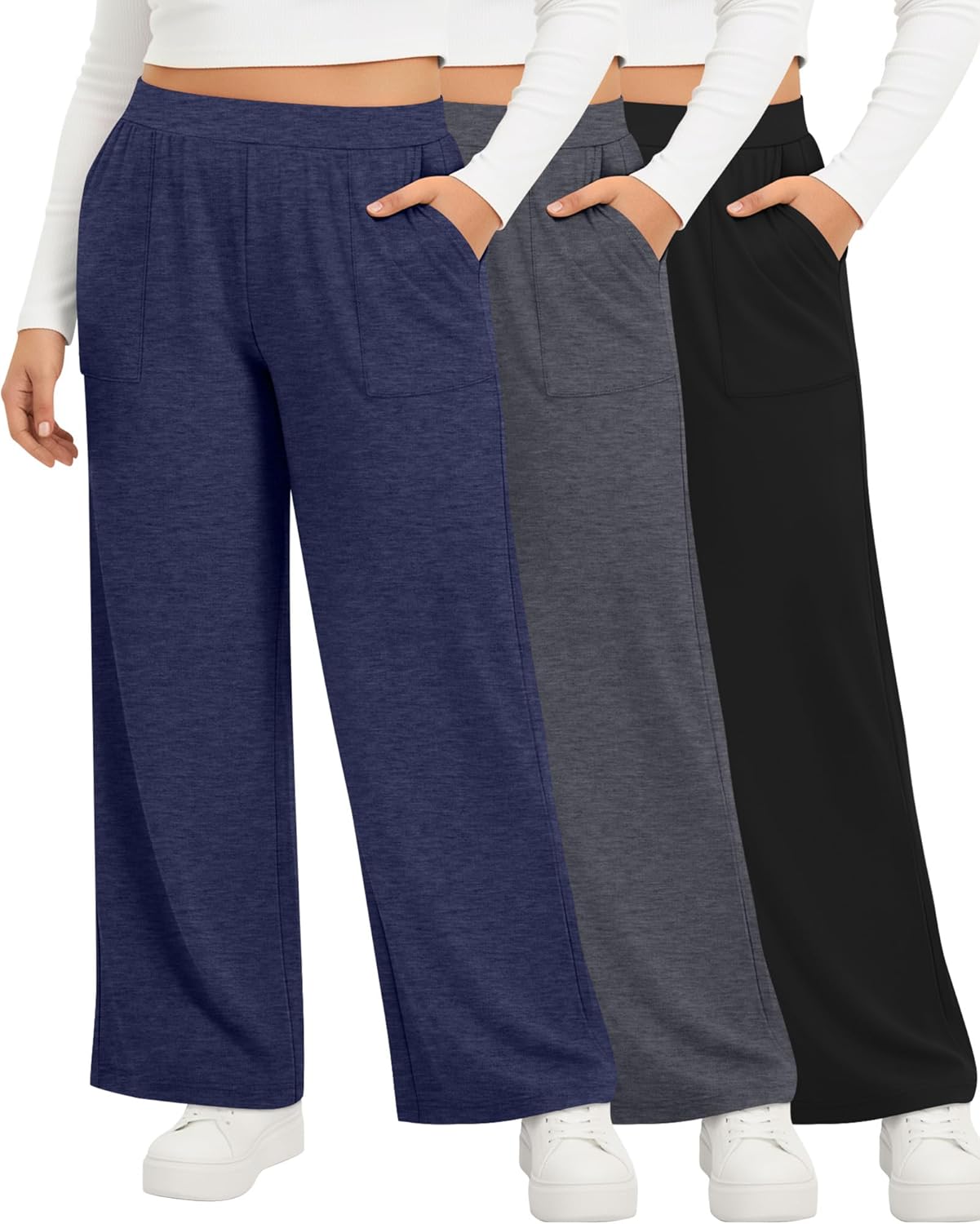 3 Pack Women's Plus Size Lounge Pants Wide Leg Yoga Pajama Palazzo Pants Loose Casual Baggy Sweatpants with Pockets