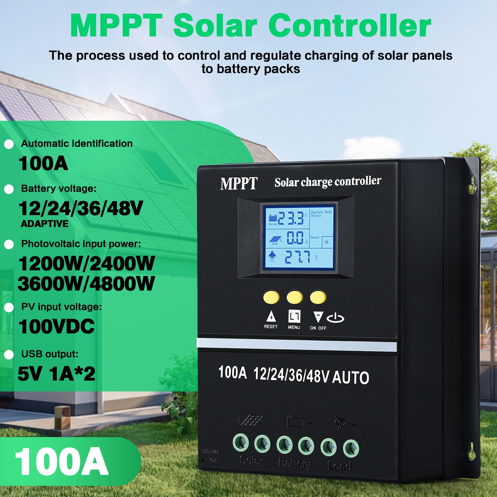 Regulador solar MPPT de 100A 12V/24V/36V/48V MPPT controlador de carga automático ID pantalla LCD Max 100V CC entrada de plomo/ácido/litio Dual USB negro