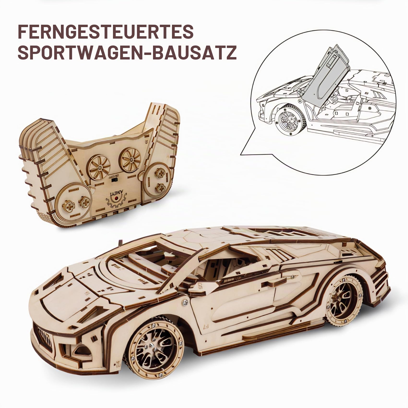 3D Holzpuzzle Erwachsene Auto Ferngesteuert, RC Sportwagen Modellbausatz aus Holz mit Motor Mechanisches DIY Fahrzeug Bastelset Holzbausatz Modellauto, Kreatives Geschenk & Modellbau Hobby