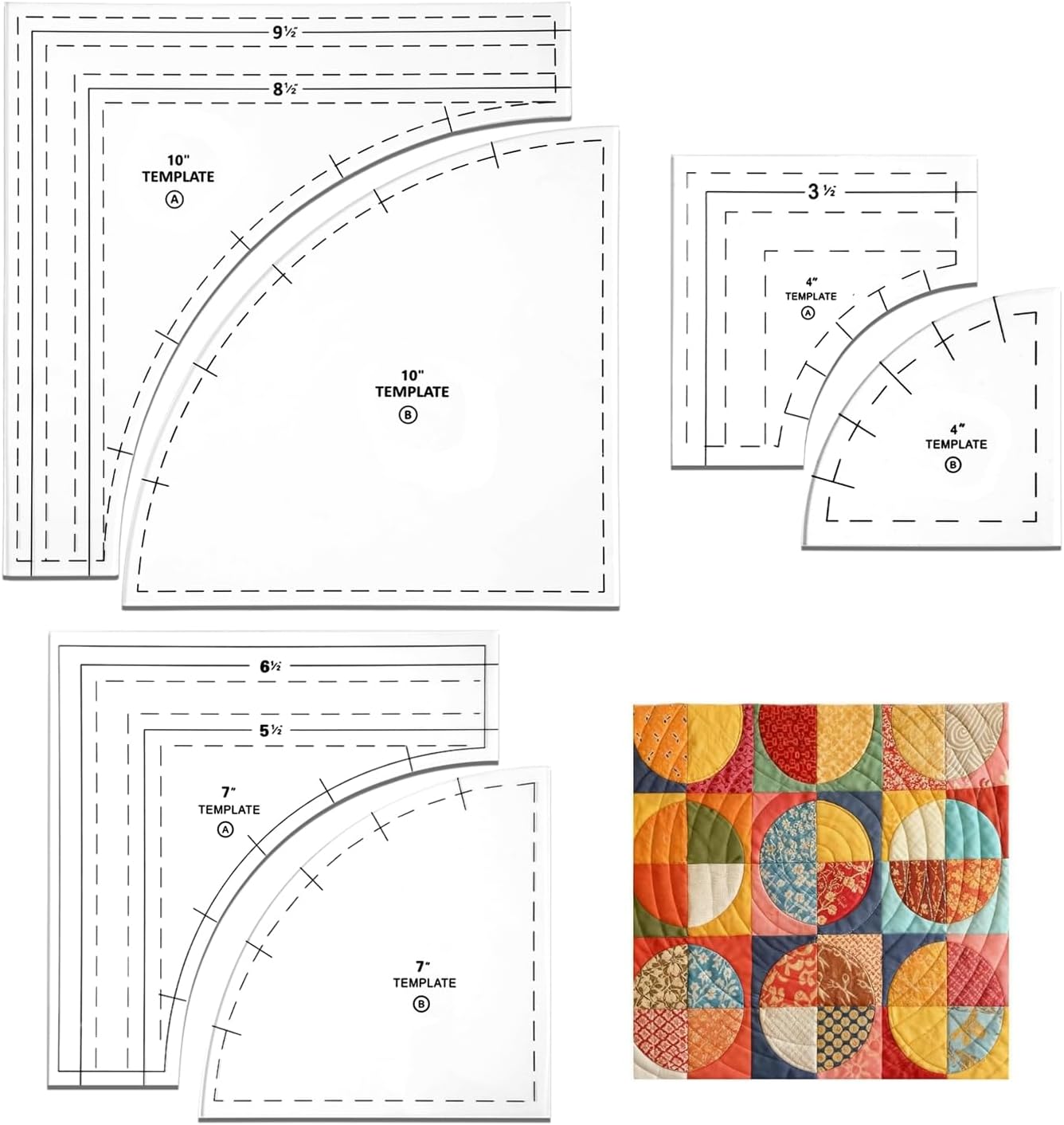 3 Set Drunkards Path Quilting Templates, 10" 8" 6" Large Acrylic Quilting Rulers with 1/4" Seam Allowance, Clear Sewing Patchwork Cutting Templates for DIY Craft Quilting