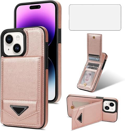 Asuwish Funda de teléfono para iPhone 15 de 6.1 pulgadas con protector de pantalla de vidrio templado RFID delgado soporte para tarjeta de crédito,