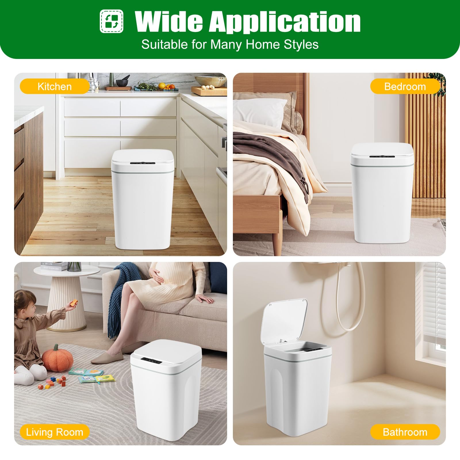 Cubo de basura automático con sensor, 16 l, con sensor, cubo de basura eléctrico sin contacto, 0,3 segundos de apertura automática, sensor para cocina, dormitorio, baño
