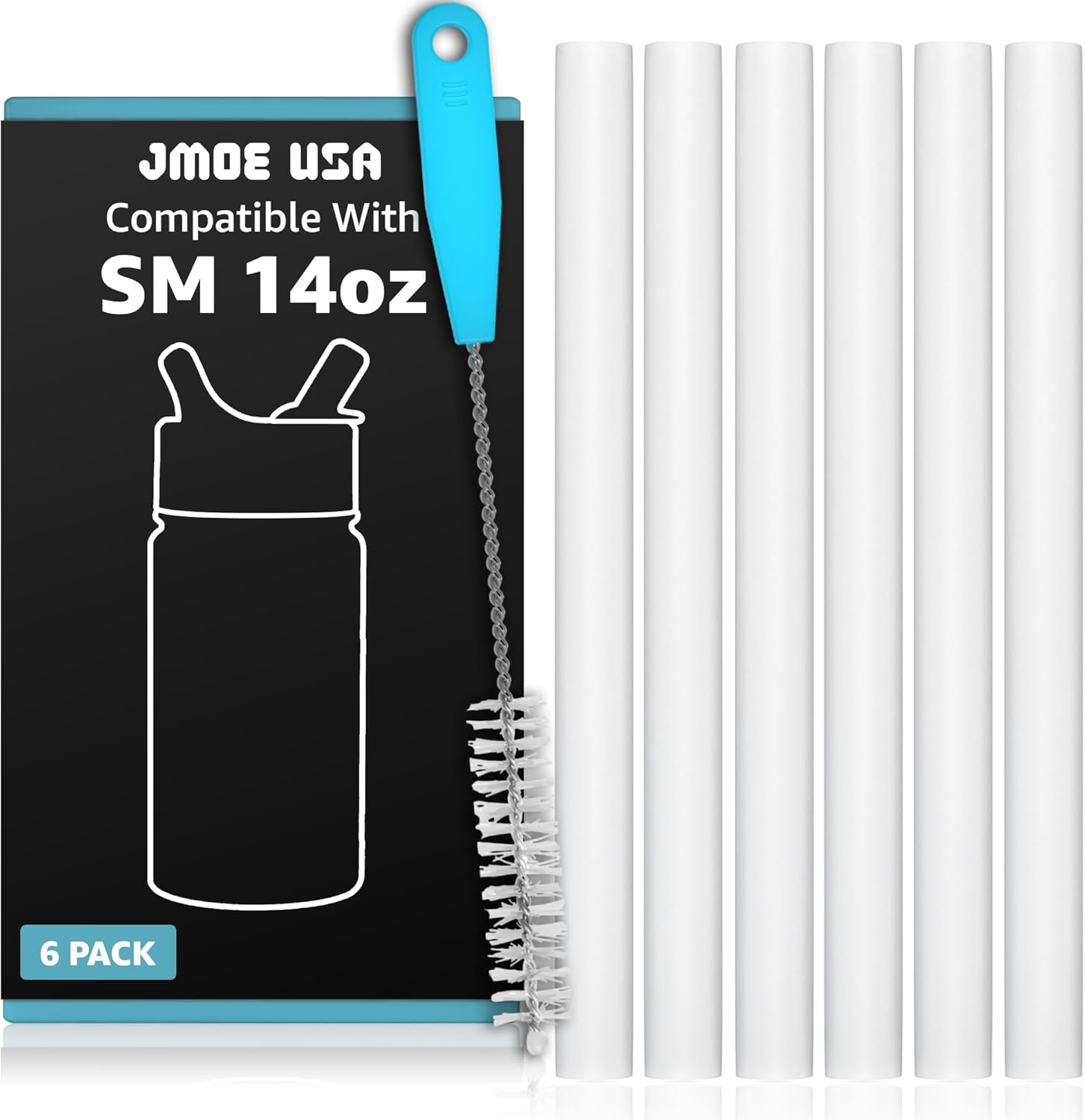 Jmoe USA Straws for Simple Modern Kids 14oz Water Bottle | Replacement Plastic Straws Designed for SM 14 oz Summit Bottle | 6-Pack Includes Cleaning Brush | Food Grade & BPA Free
