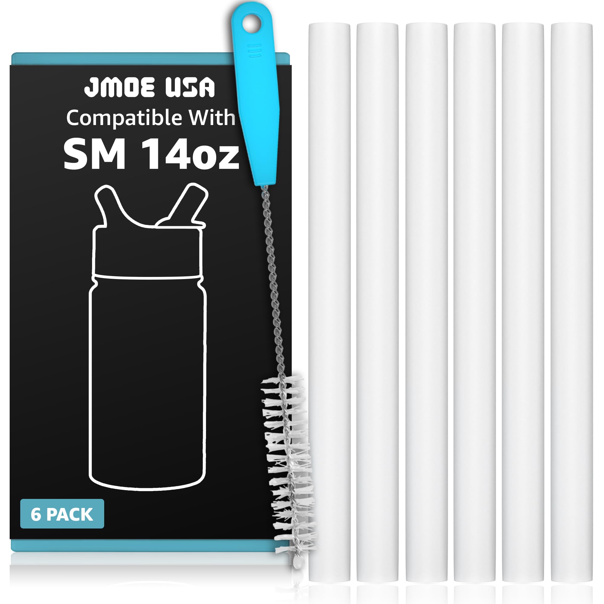 Jmoe USA Straws for Simple Modern Kids 14oz Water Bottle | Replacement Plastic Straws Designed for SM 14 oz Summit Bottle | 6-Pack Includes Cleaning Brush | Food Grade & BPA Free