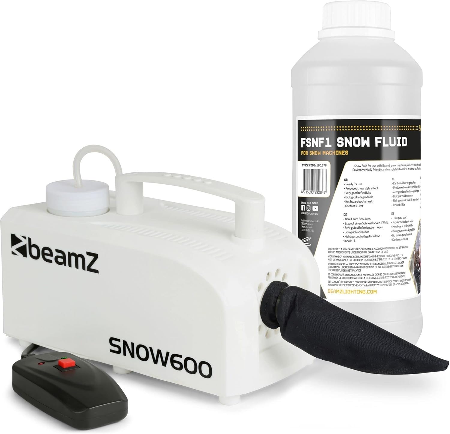 BeamZ SNOW600 Snow Machine with 1 Litre of Liquid, Realistic Snowflake Effect, No Traces on the