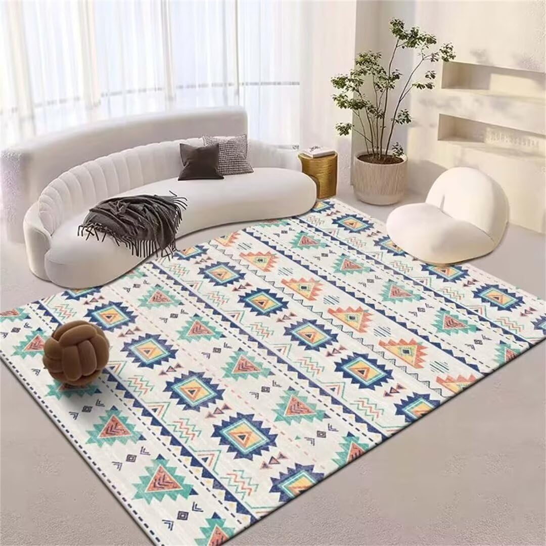 Tapis de salon géométrique bleu 90x160cm lavable moderne