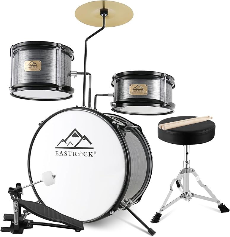 EASTROCK 3 Piece 14'' Junior Drum sets for Drummer,Gray | Drum Set for 5-7 Years Old with Adjustable Throne,Cymbal,Pedal,Drumsticks