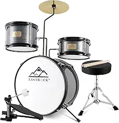 EASTROCK Conjunto de bateria infantil, 3 peças de 35,5 cm para baterista, iniciante, conjunto de bateria para crianças de 5 a 7 anos com trono ajustável, prato, pedal, baquetas (cinza)