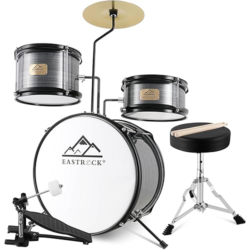 EASTROCK Junior Drum Set, 3 Piece 14'' Junior Drum sets for Drummer,Beginner, Drum Set for 5-7 Years Old with Adjustable Throne,Cymbal,Pedal,Drumsticks (Gray)