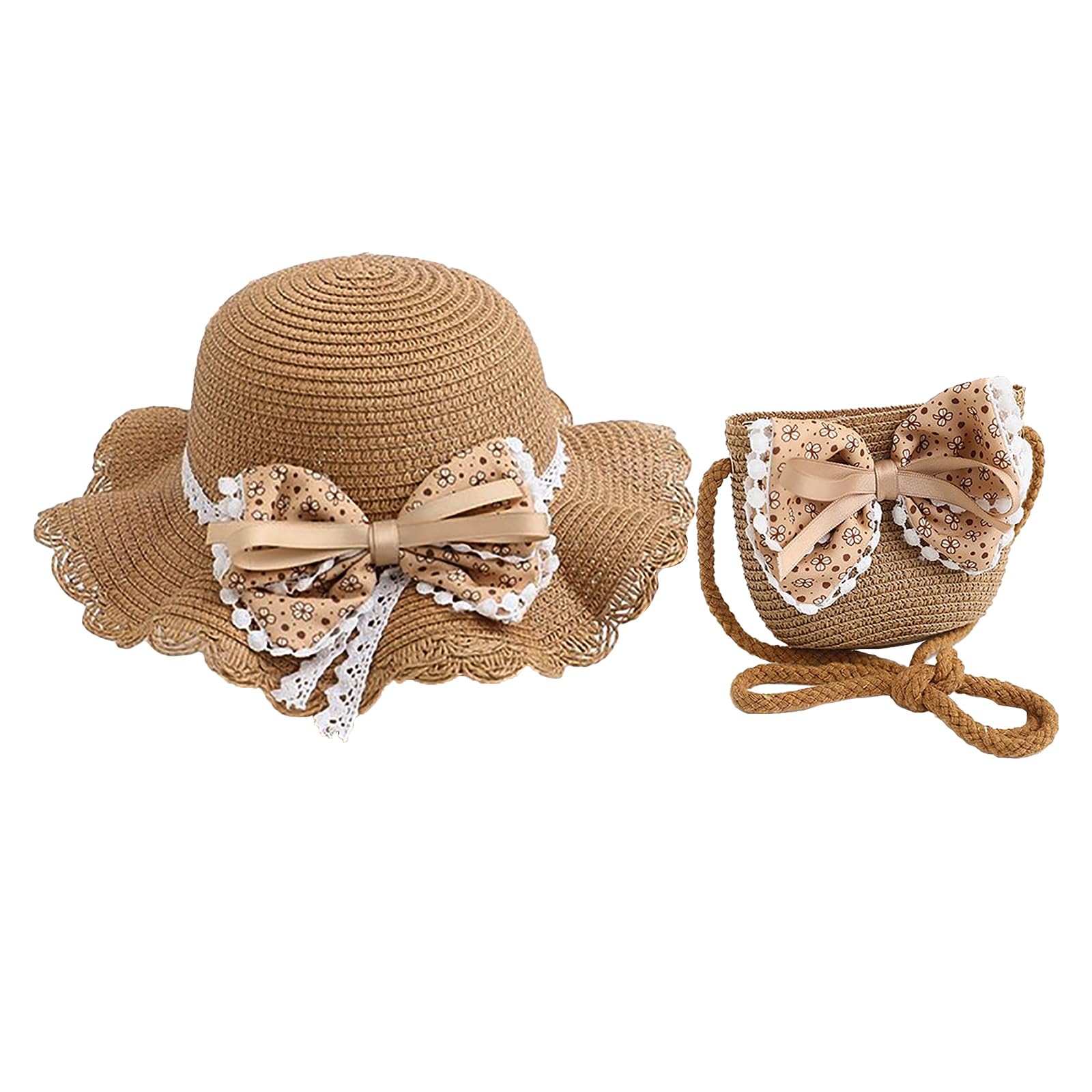 2pcs Girls Sun Hat with Shoulder Bag Set Little Kids Baby Wide Brim Beach Straw Hat Small Purse UPF50+ Cute Bowknot Lace Travel Party Summer Cap Straw Bucket Hats