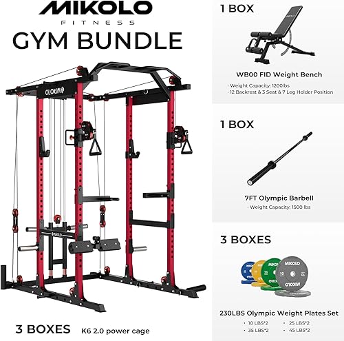 Miniatura 2 de Mikolo Jaula de potencia K6 2.0, estante de alimentación con sistema de cruce de cables, estante para sentadillas de 2000 libras con sistema de
