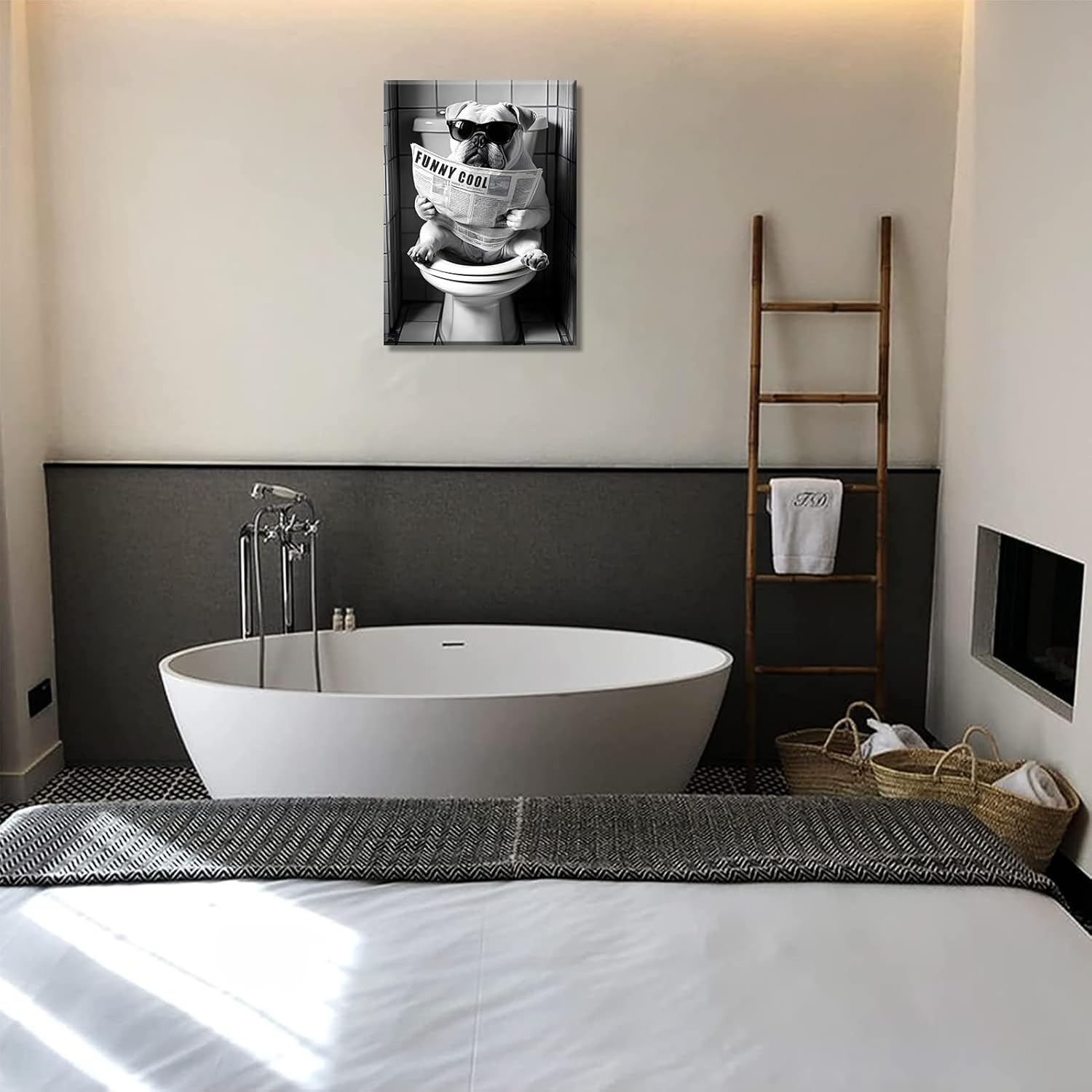 Bathroom Dog Canvas Wall Art Funny Toilet Black And White Animal Wall Decor Pictures Cool Unique Dog Bathroom Reading Newspaper Painting Posters Print for Bathhouse Shop Home Decor