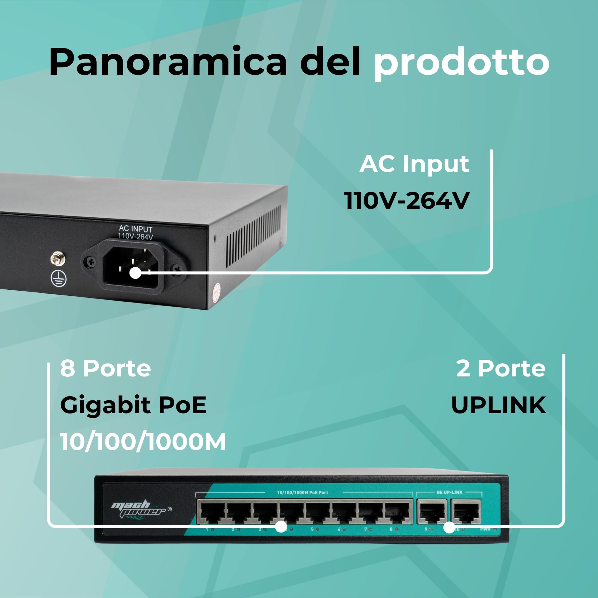 Switch 8 Porte Gigabit PoE + 2 Uplink, 150W, VLAN, Estensione Fino a 250m, Plug & Play, Ideale per Videosorveglianza e Reti Aziendali (SW-UG8P2L-069)