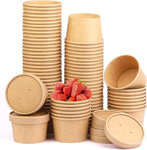 Wuadua Paquete de 75 recipientes de papel para sopa de 8 onzas con tapas, vasos de comida Kraft desechables, tazas de sopa, tazas de helado de Wuadua Paquete de 75 recipientes de papel para sopa de 8 onzas con tapas, vasos de comida Kraft desechables, tazas de sopa, tazas de helado de