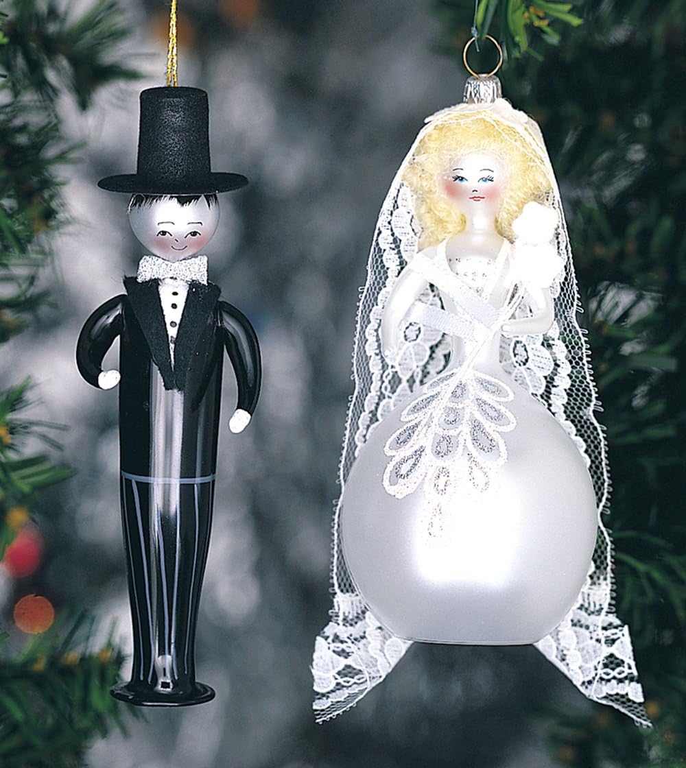 De Carlini Bride and Groom Set of Two Italian Mouthblown Glass Christmas Ornaments