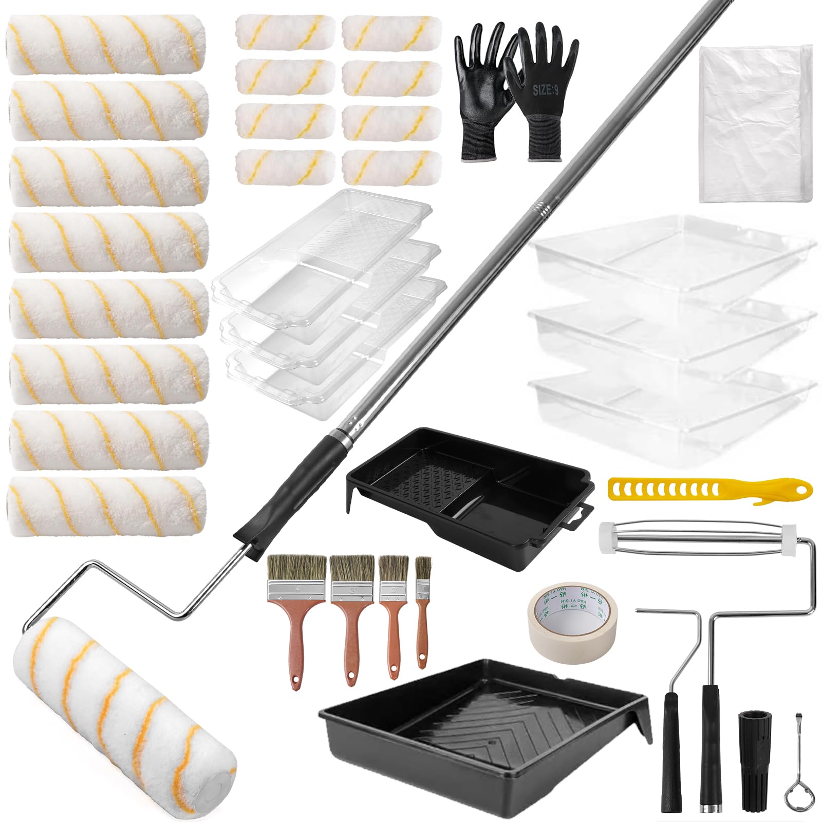 Kit de 36 rodillos de pintura con poste de extensión de 4 secciones, bandejas de rodillos de 9 y 4 pulgadas, marcos resistentes, rodillos de pintura de microfibra, pinceles y raspadores, herramientas