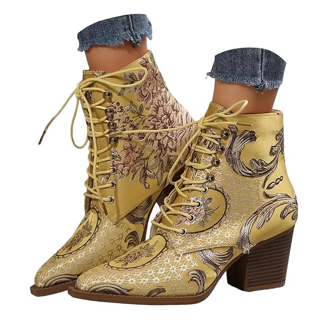 Ankle Boots for Women Lace-Up Ethnic Floral Embroidery Short Booties Block Stacked Heel Pointed Toe Womens Boots